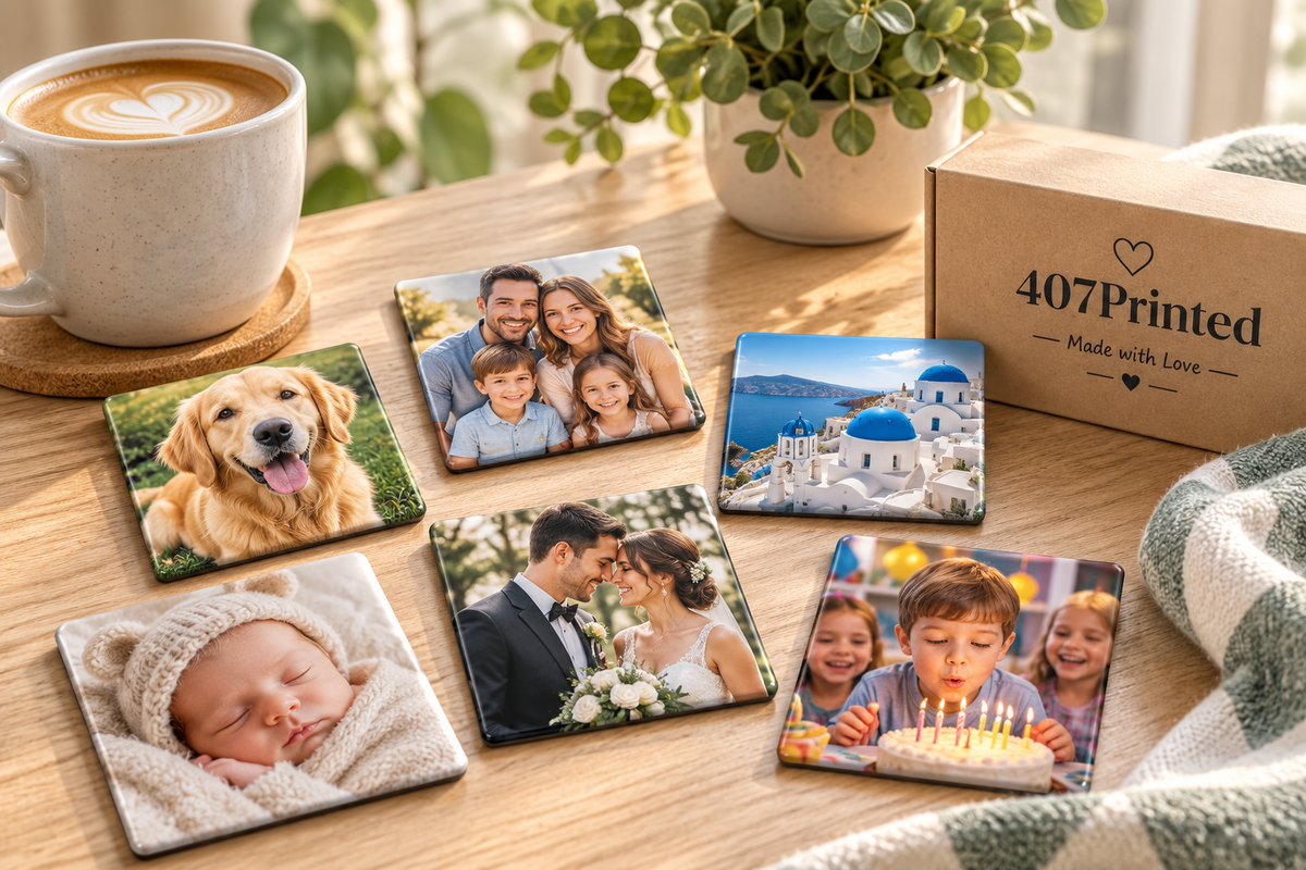 Family enjoying custom photo magnets in their kitchen